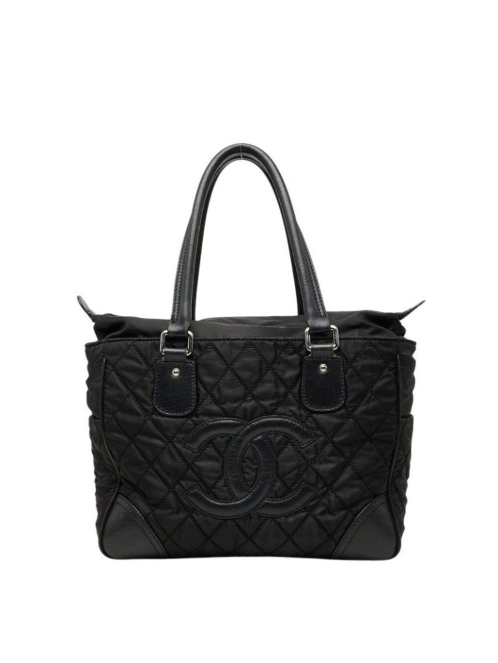 Chanel CC Logo Paris New York Line Tote Shoulder Bag Black Nylon Calfskin